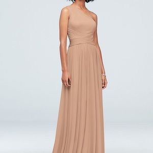 David’s Bridal long one-shoulder bridesmaid dress in Sand